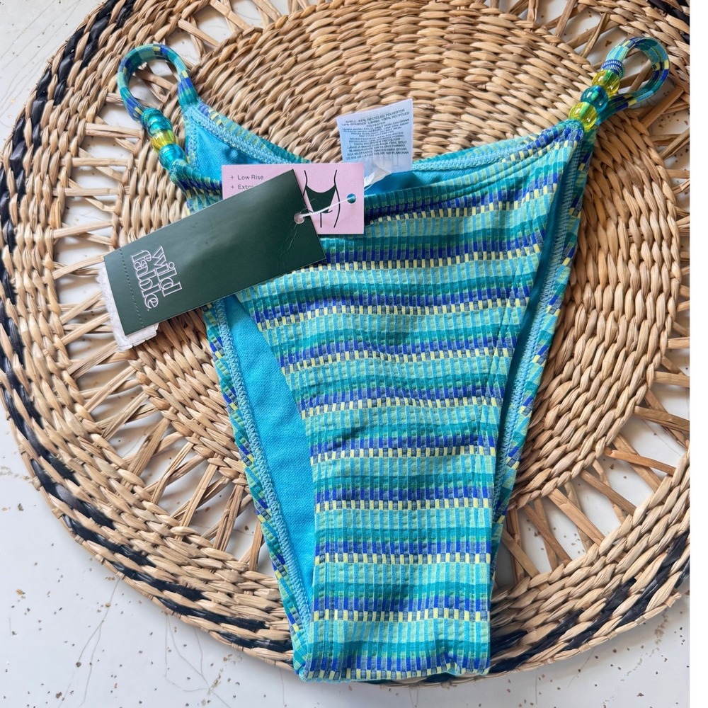 Wild Fable Blue Green Striped Beaded Bikini Bottom Extra High Leg Cheeky XS NWT